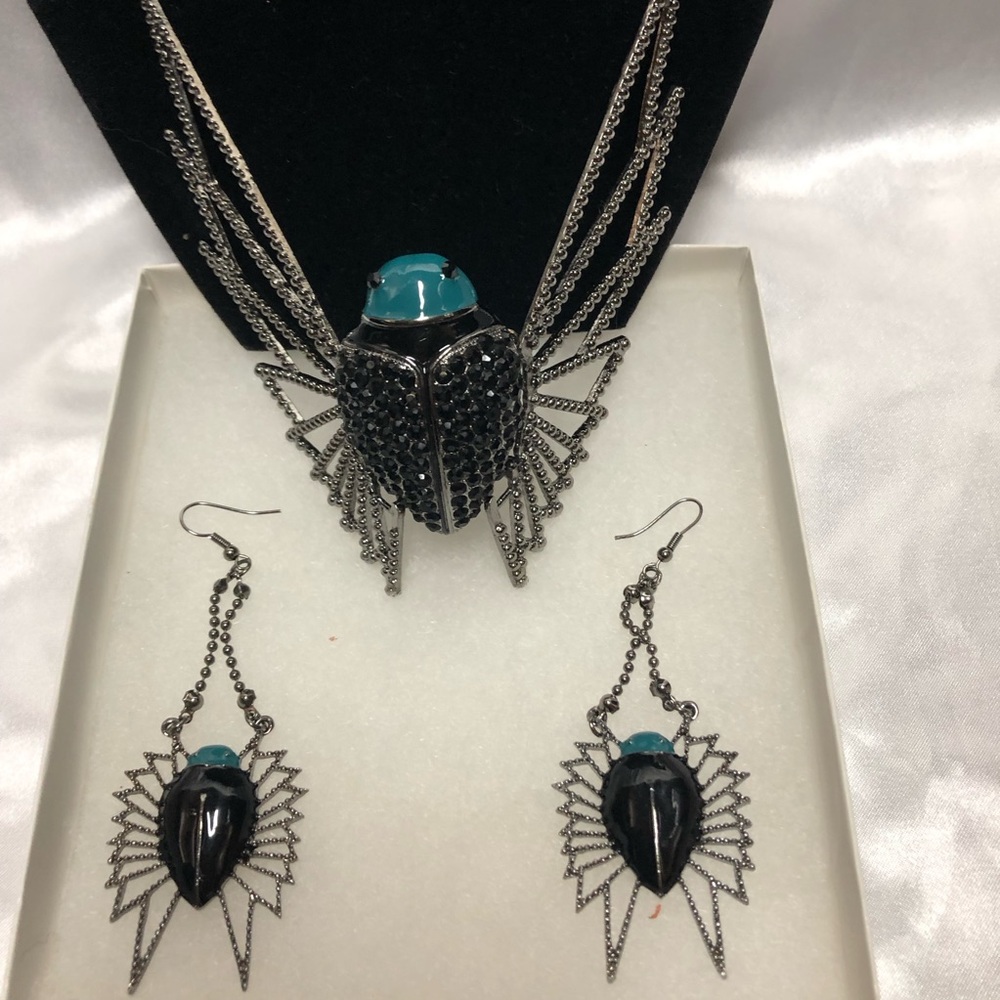 Beetle Black and Silver Jewelry Match Set with Turquoise Accents White Diamonds.